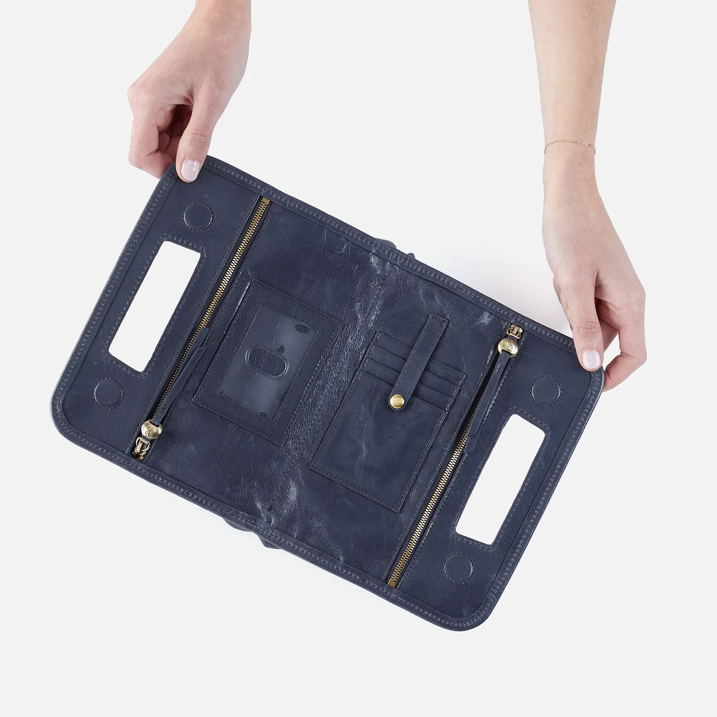 Ace Clutch In Polished Leather - Blue Stone