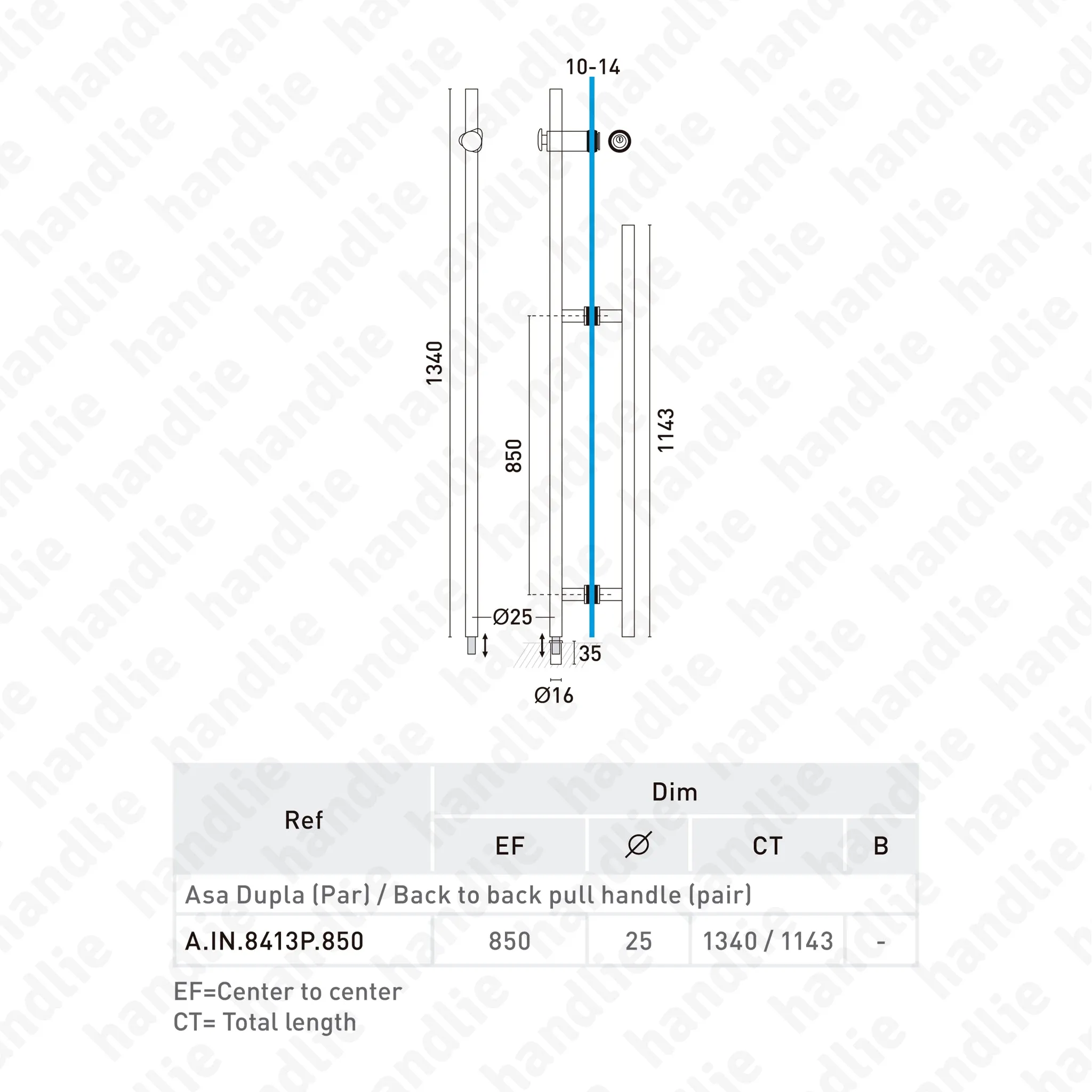 A.IN.8413P.850 - Asa dupla com fechadura para portas - Inox