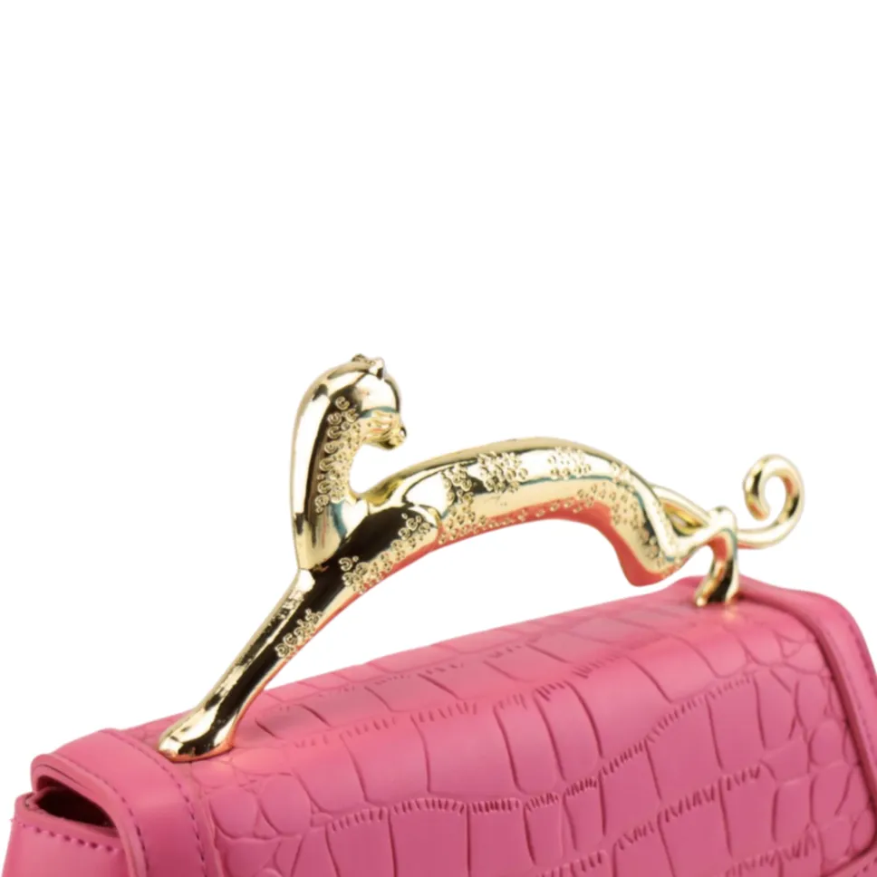 Elegant Gold Leopard Handle Handbag with Stylish Croc Skin Textured Pattern