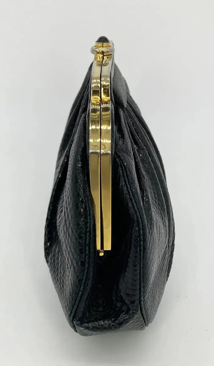 Judith Leiber Black Lizard Gold Deco Top Edge Clutch