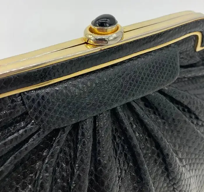 Judith Leiber Black Lizard Gold Deco Top Edge Clutch