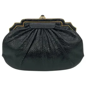 Judith Leiber Black Lizard Gold Deco Top Edge Clutch