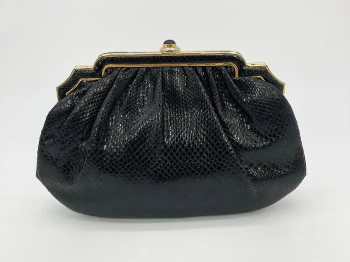 Judith Leiber Black Lizard Gold Deco Top Edge Clutch