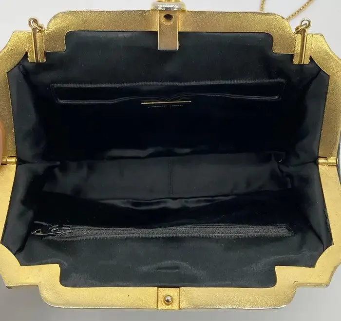 Judith Leiber Black Lizard Gold Deco Top Edge Clutch