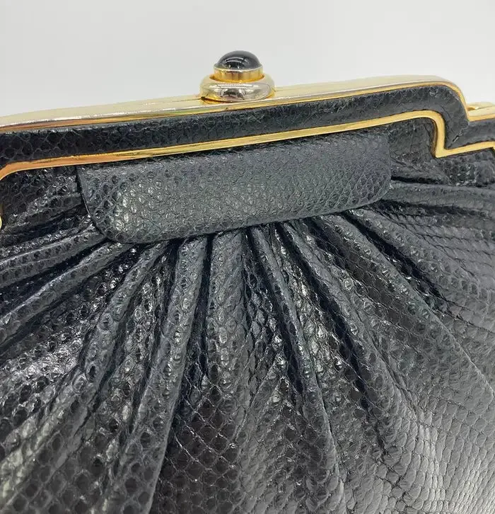 Judith Leiber Black Lizard Gold Deco Top Edge Clutch