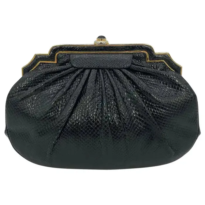 Judith Leiber Black Lizard Gold Deco Top Edge Clutch