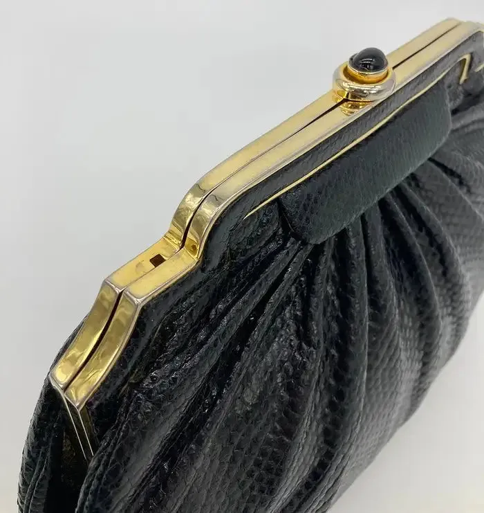 Judith Leiber Black Lizard Gold Deco Top Edge Clutch