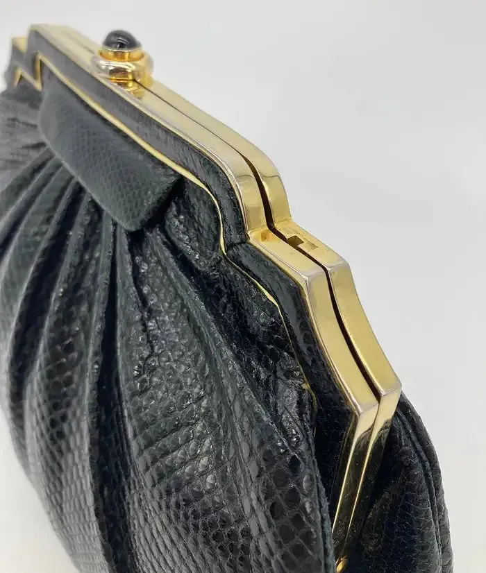 Judith Leiber Black Lizard Gold Deco Top Edge Clutch