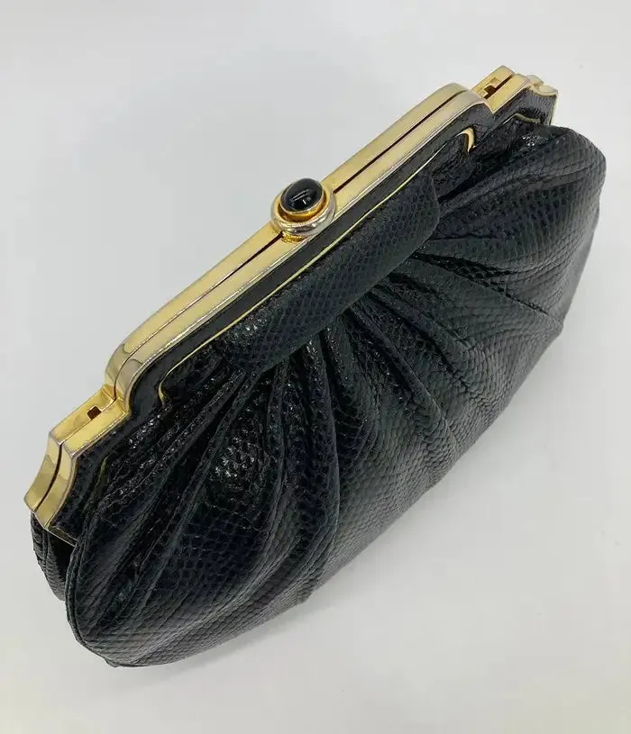 Judith Leiber Black Lizard Gold Deco Top Edge Clutch