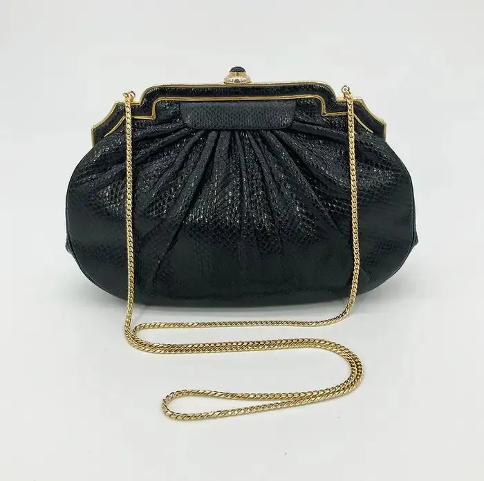 Judith Leiber Black Lizard Gold Deco Top Edge Clutch