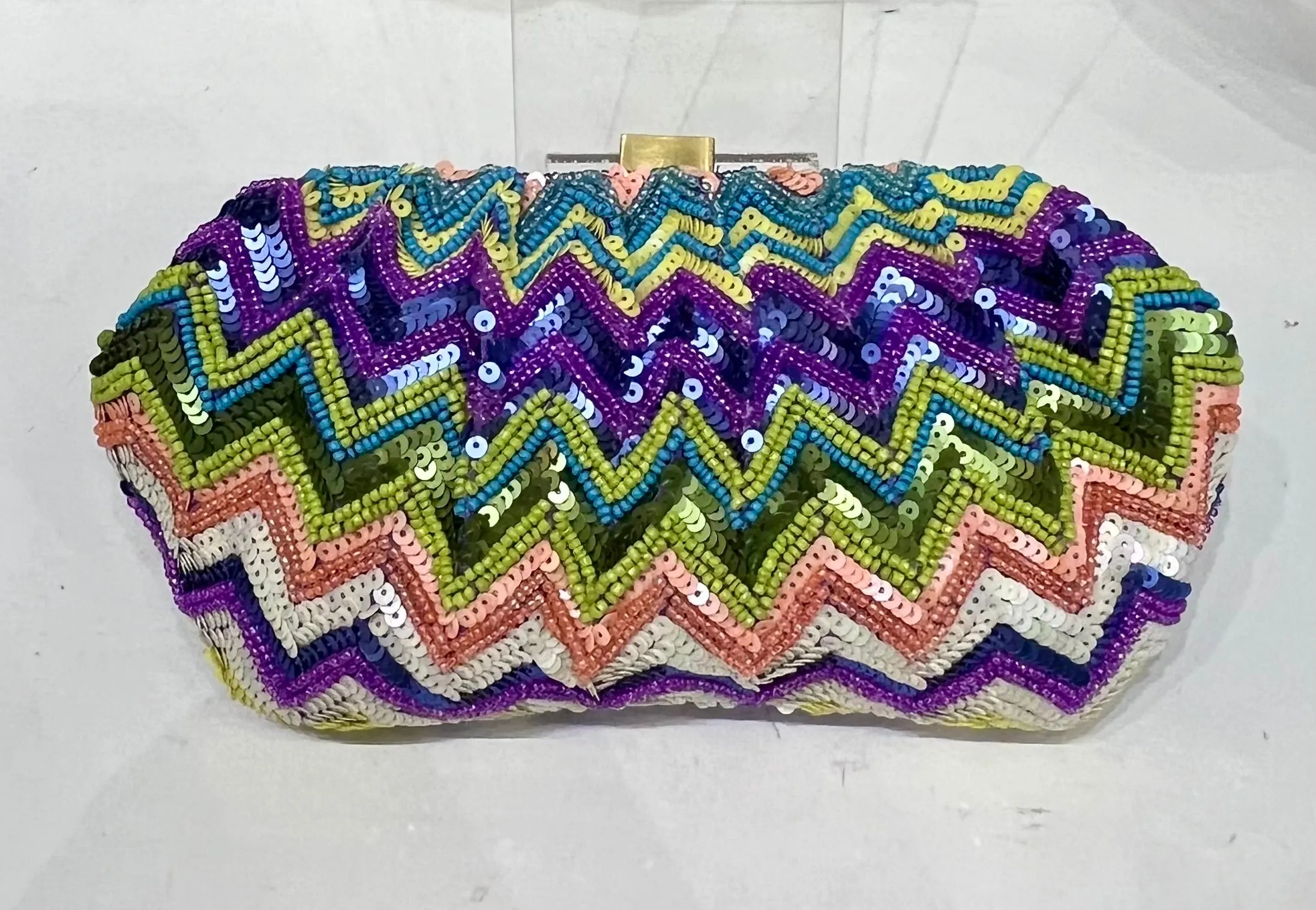 Santi Beaded Flame Stitch Clutch Purse - Purple Multi