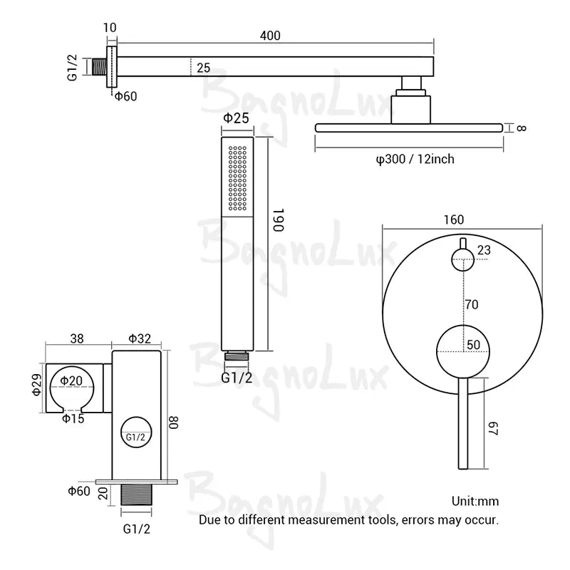 Sistema de ducha para baño, grifo mezclador de latón Alba, brazo desviador de techo o pared, rociador de mano con cabezal Rian de 8-16"