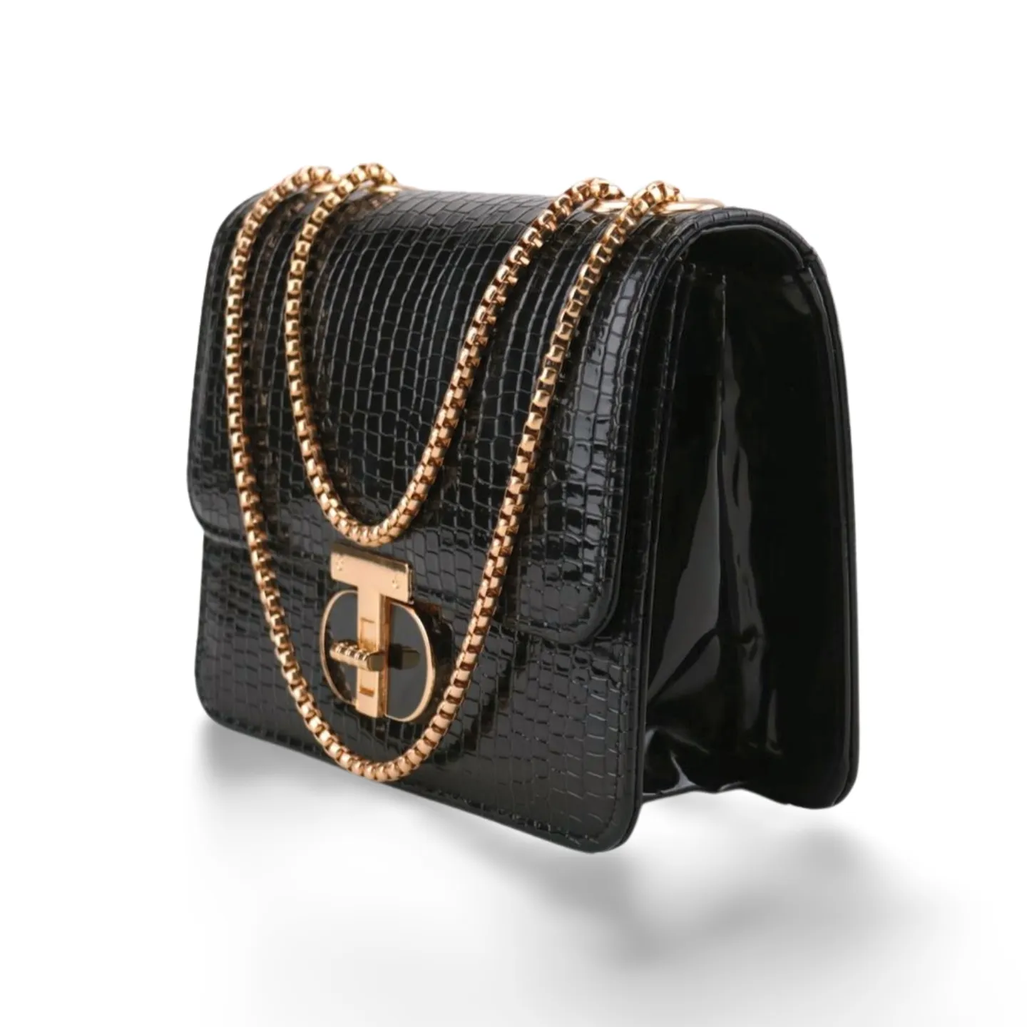 Textured Faux Leather Crossbody Shoulder Bag with Gold Chain